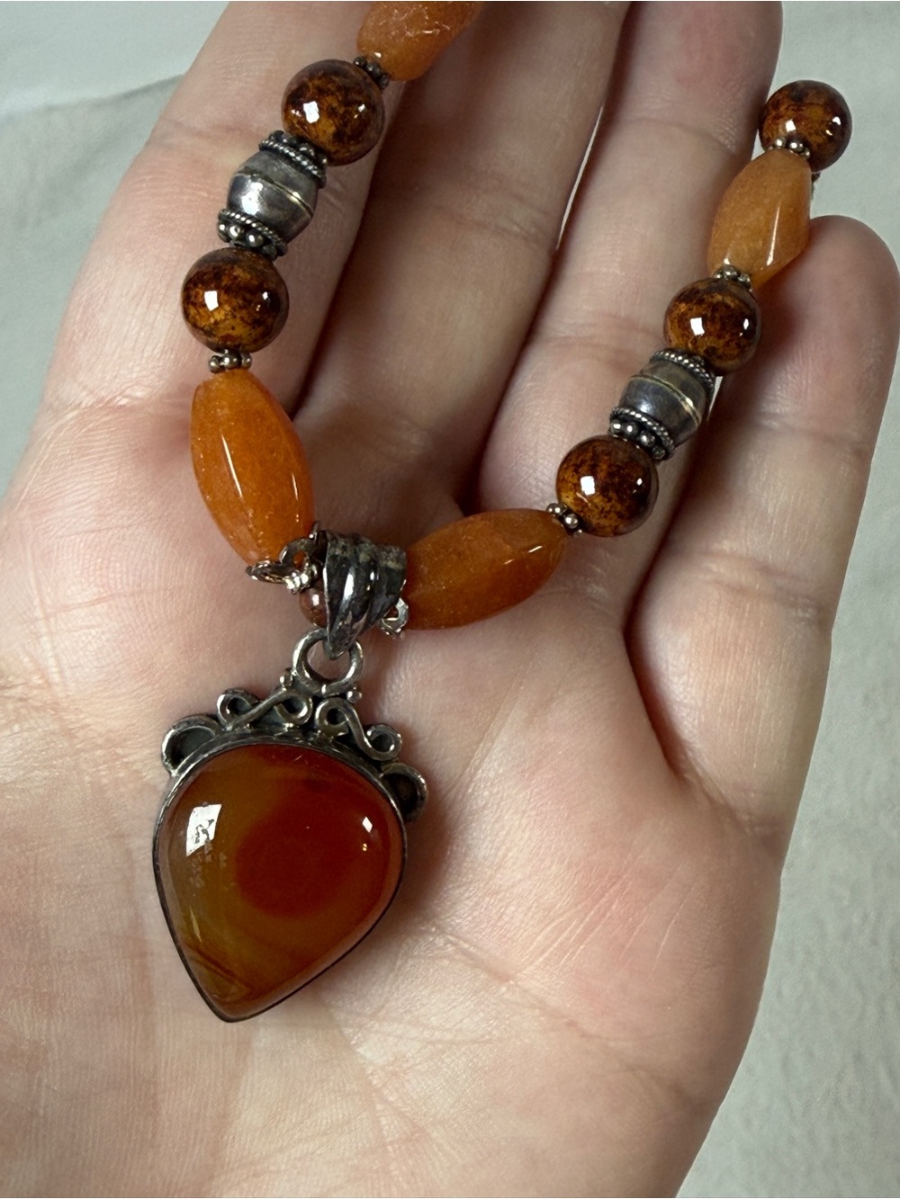 Carnelian Beaded Pendant Necklace - Warm Brown & Orange Gemstone 925 Artisan